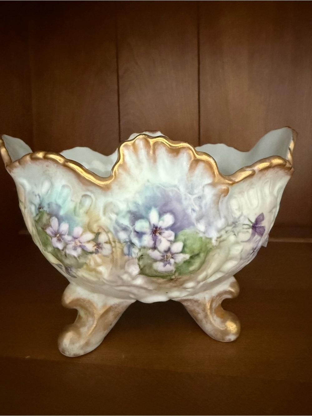 Antique French Limoges Hand-Painted Porcelain Floral Footed Bowl with Gold Trim